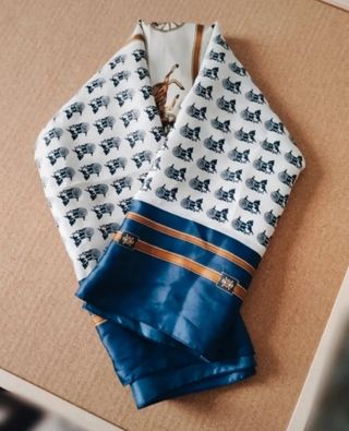 Pañuelo Seda Estampado Carruajes Azul Blanco