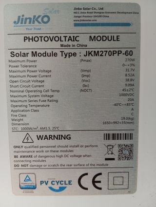 Paneles Solares Jinko JKM270PP-60