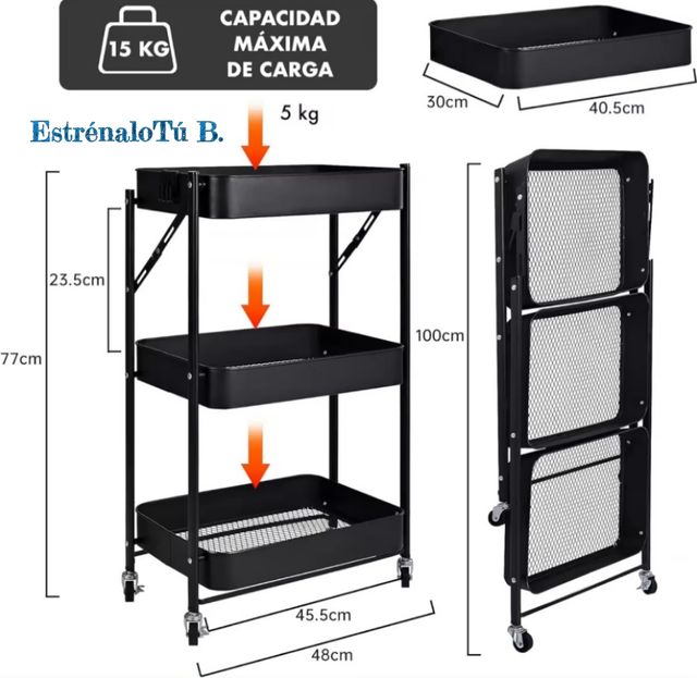 Carro Metálico Multiusos Negro con Ruedas