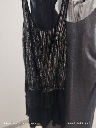 Lote 2 vestidos fiesta plateados y chaqueta patria