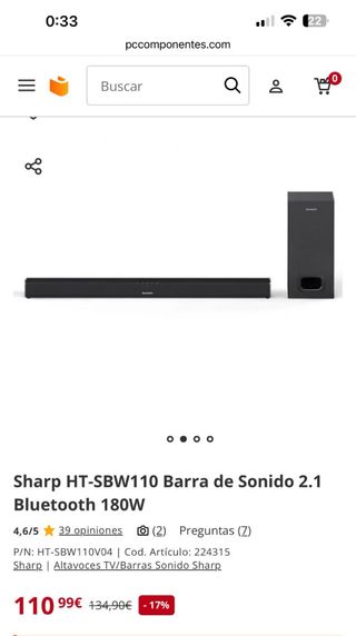 Barra de Sonido Sharp HT-SBW110 Bluetooth