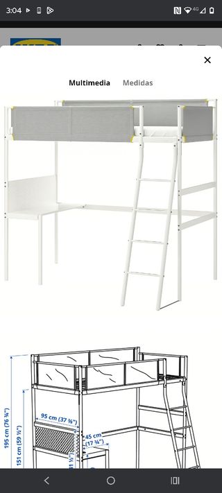 Litera alta metálica blanca con escritorio. Ikea