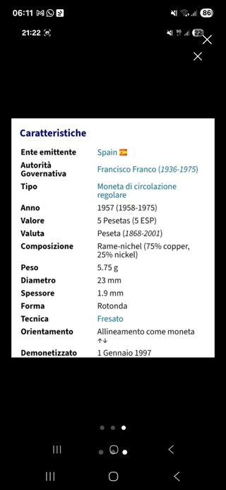 15 Monete Spagnole 5 Pesetas 1957
