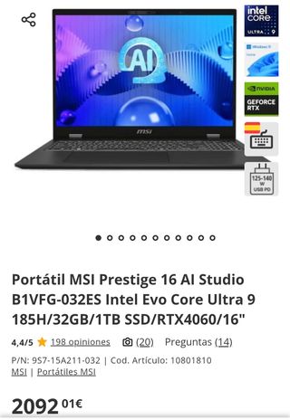 Portátil MSI Prestige 16 AI Studio Intel Core Ultr