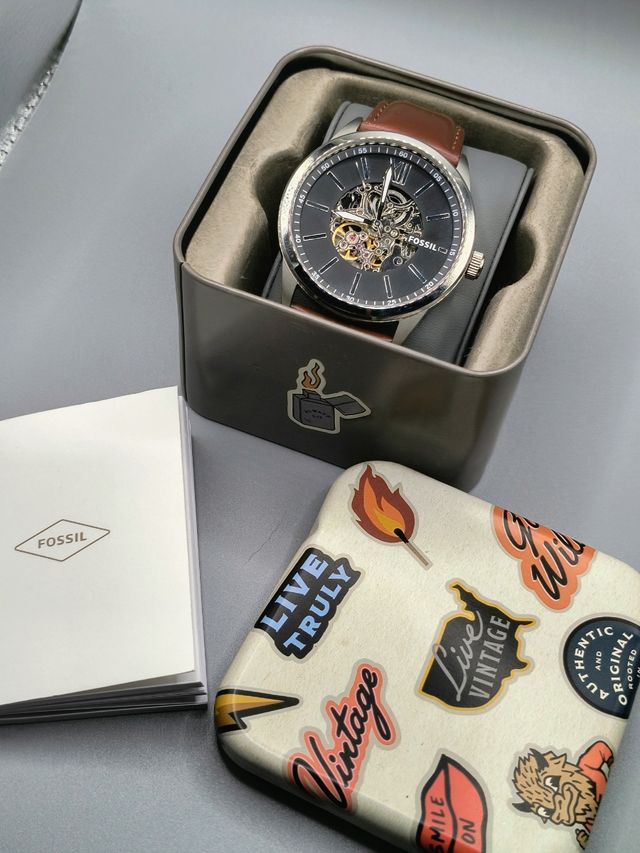 Reloj Fossil Automático Esqueleto Marrón Negro