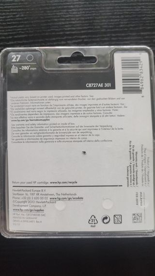 Cartucho original HP 27 Negro Sin Abrir. Cambio.
