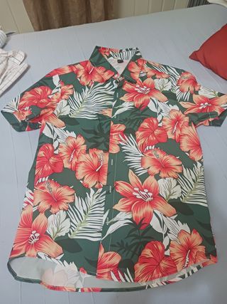 Camisa Hawaiana Flores Verdes y Naranjas