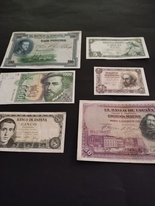 Billetes españoles antiguos: 100, 5, 1000 pesetas
