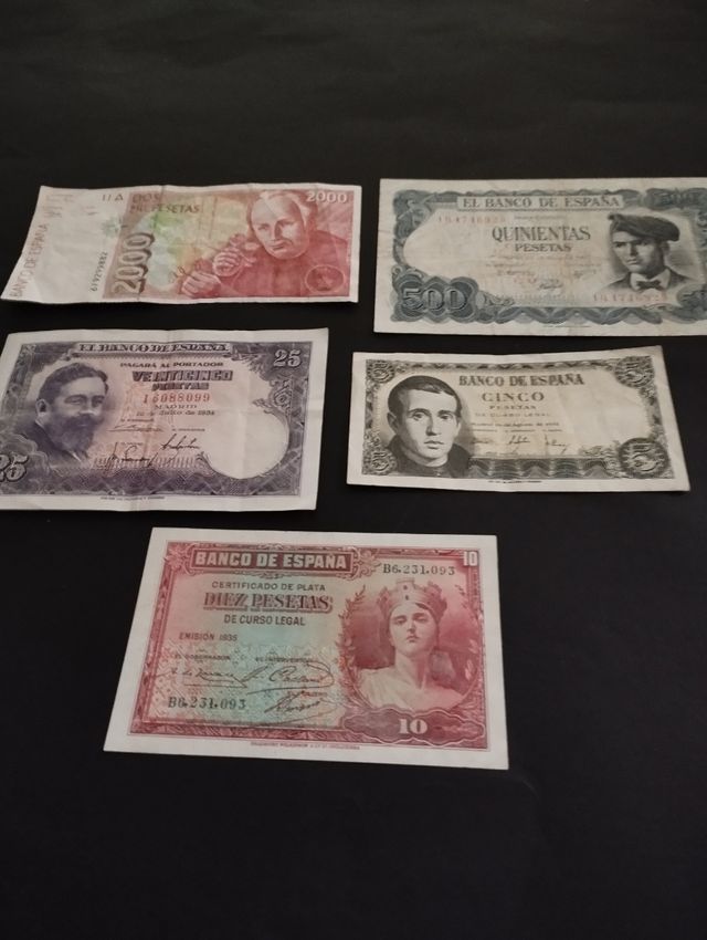 Billetes españoles antiguos 2000, 500, 25, 5 peset
