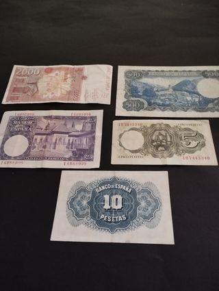 Billetes españoles antiguos 2000, 500, 25, 5 peset