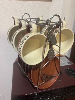 Juego 6 Tazas Cappuccino con platos y soporte.