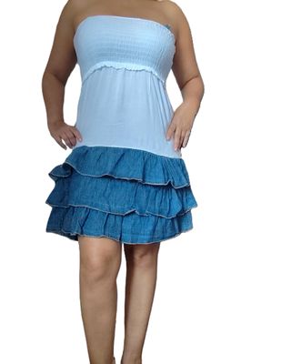 Vestido palabra de honor azul y blanco