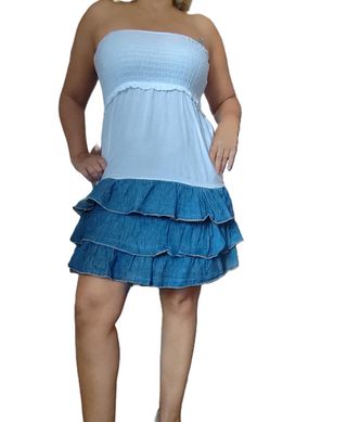 Vestido palabra de honor azul y blanco