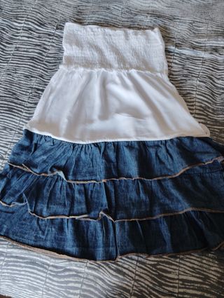 Vestido palabra de honor azul y blanco