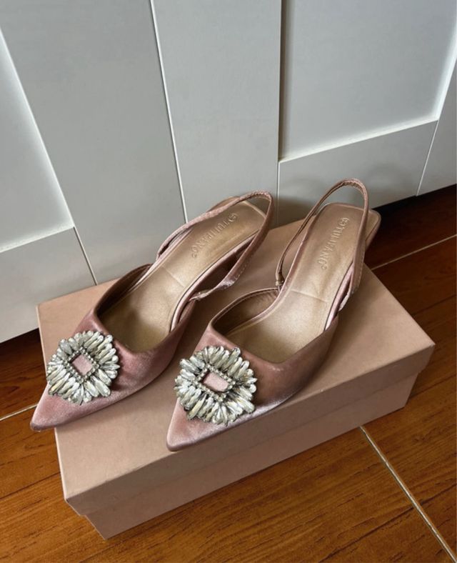 Tacones bajos fiesta rosas con pedrería