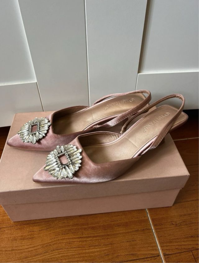 Tacones bajos fiesta rosas con pedrería