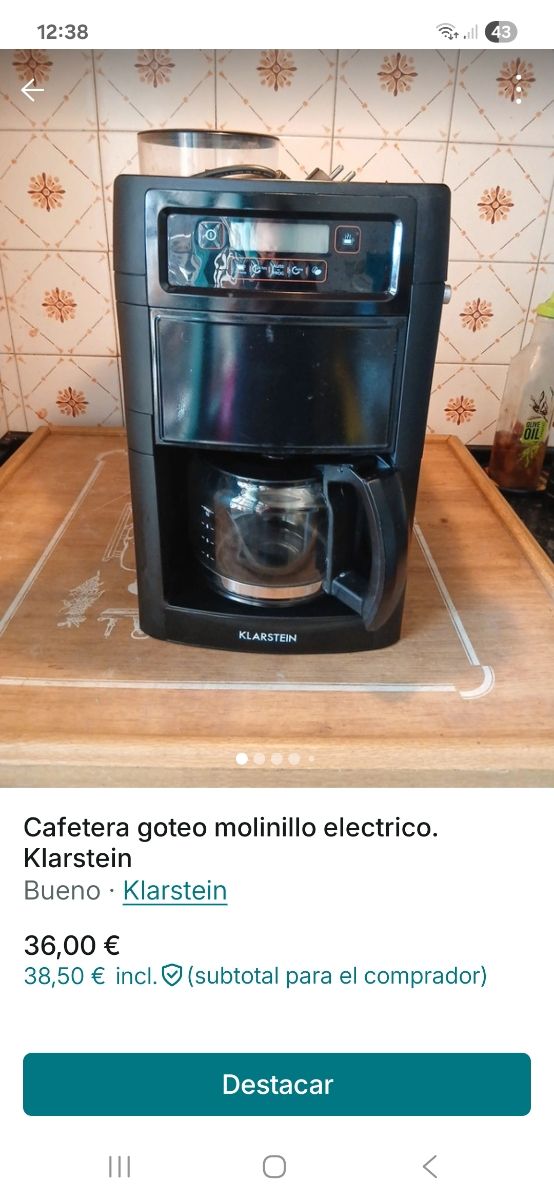 Cafetera Klarstein goteo molinillo eléctrico