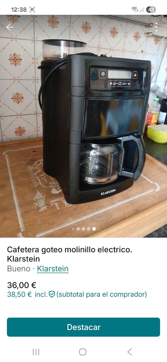 Cafetera Klarstein goteo molinillo eléctrico