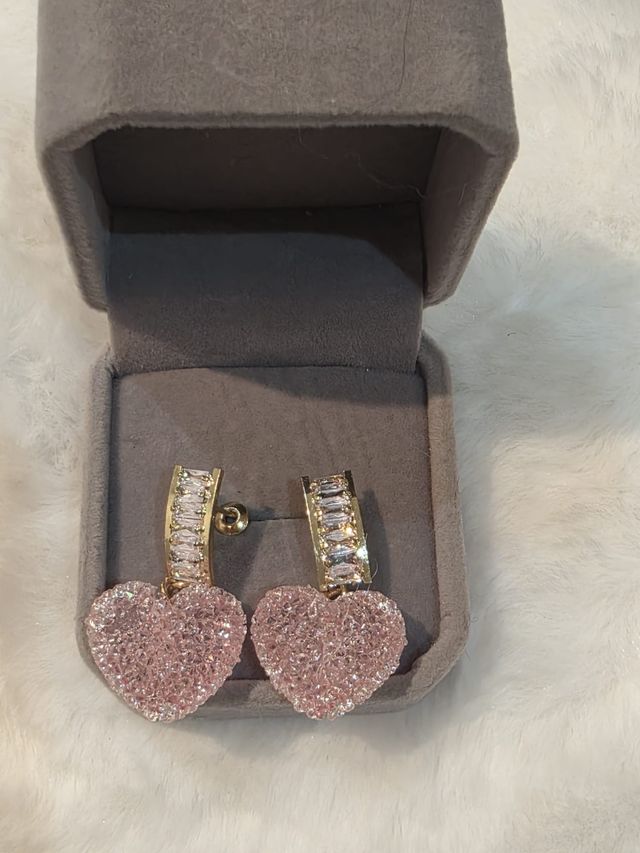 Pendientes Corazón Rosa y Dorado Antialérgicos