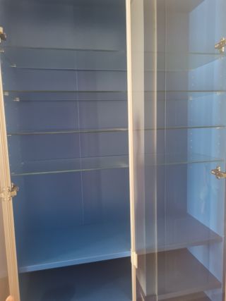 Vitrina azul con puertas de cristal. 