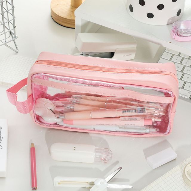 Estuche escolar rosa con compartimentos transparen