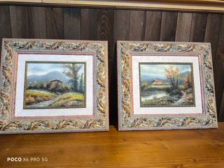 2 Cuadros Óleo Paisaje Marco Dorado y Rosa