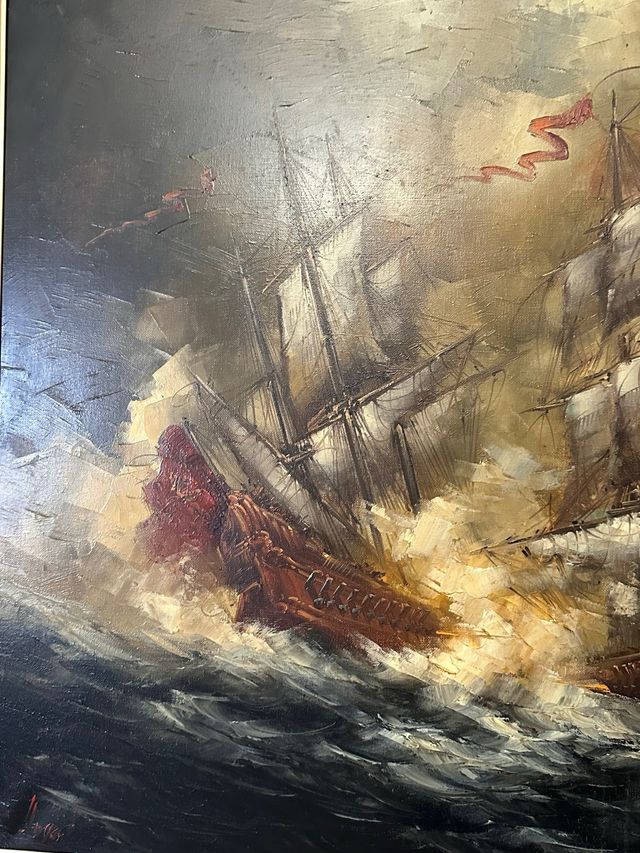 Pintura al óleo de barcos en tormenta