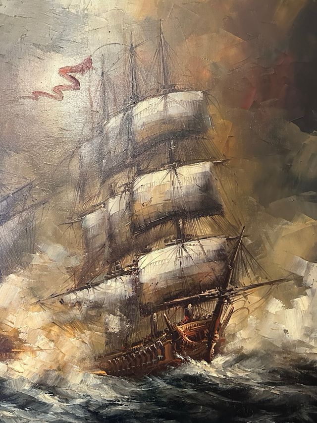 Pintura al óleo de barcos en tormenta