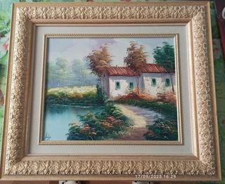 Cuadro Óleo Paisaje Casa Río 62x54