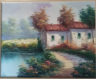 Cuadro Óleo Paisaje Casa Río 62x54
