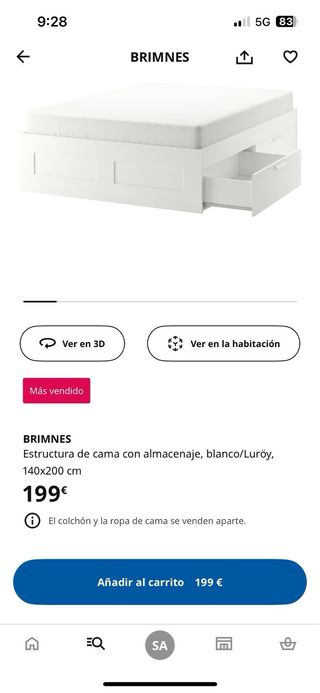 Cama con colchón y cajones