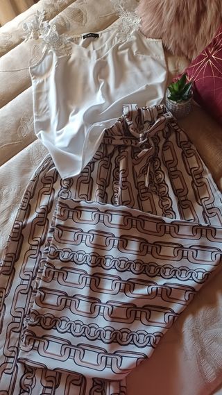 Conjunto Top Blanco y Pantalón Estampado