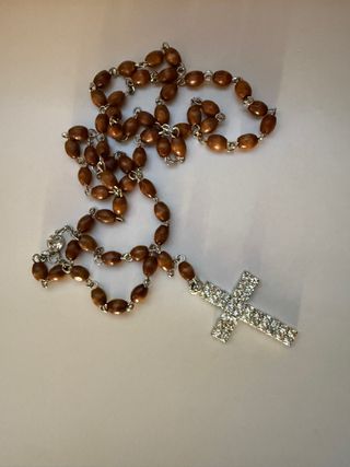Rosario legno marrone con croce strass