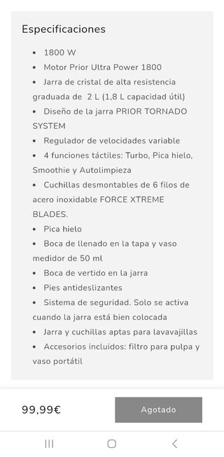 Batidora/licuadora Taurus PRIOR ADVANCE+ 1800,2L.