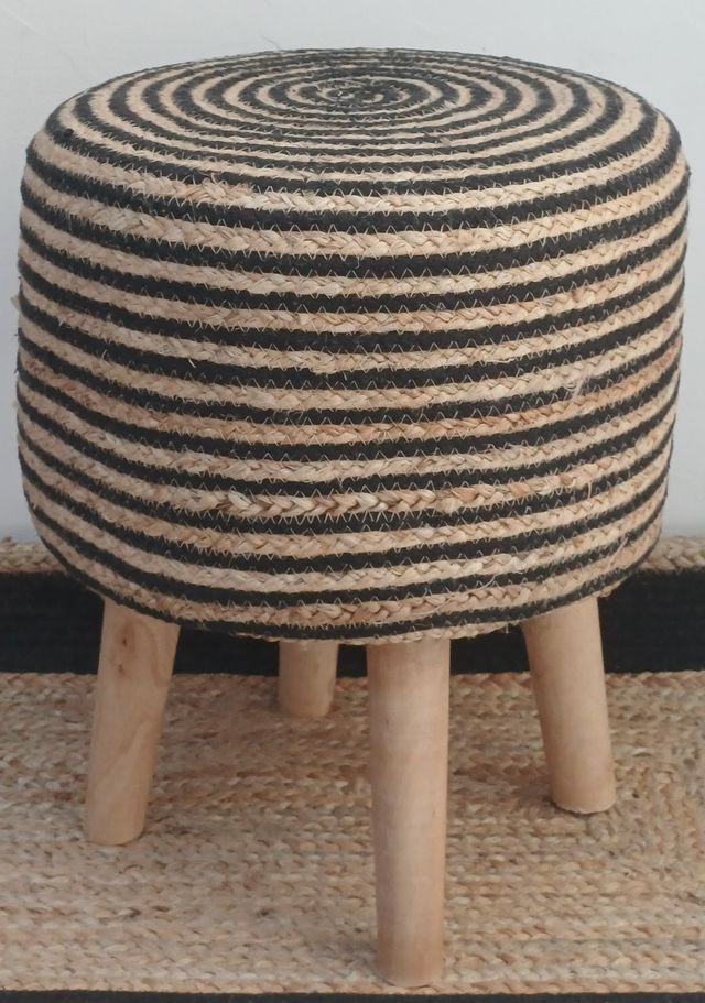 Pouf in juta e cotone a righe beige/nero