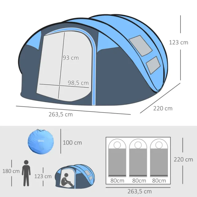 Tenda da campeggio pop-up blu 263x220x123 cm