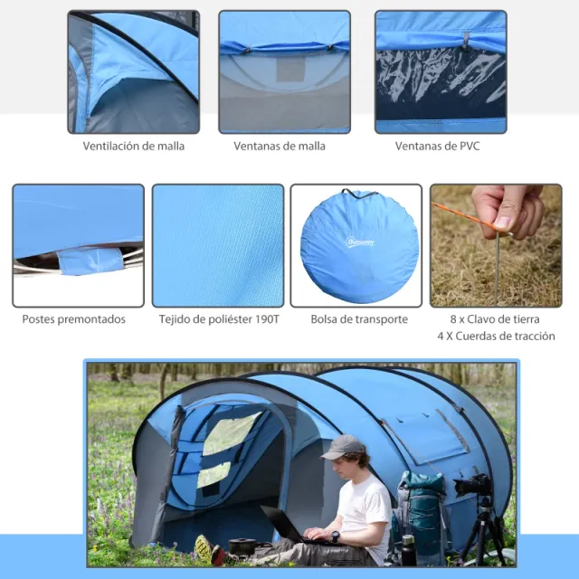 Tenda da campeggio pop-up blu 263x220x123 cm