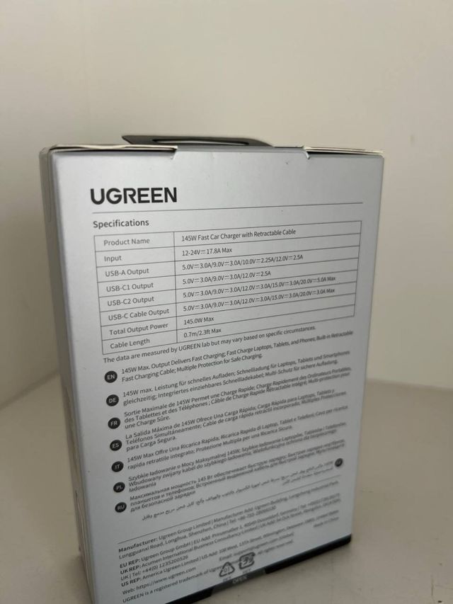 Cargador Coche UGREEN 145W Retráctil Carga Rápida