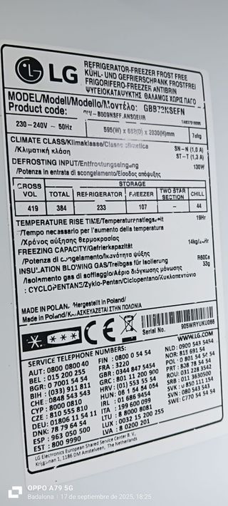 NEVERA COMBI L.G NO FROST ENERGÍA A+++