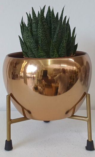 Macetero de hierro color cobre con soporte dorado