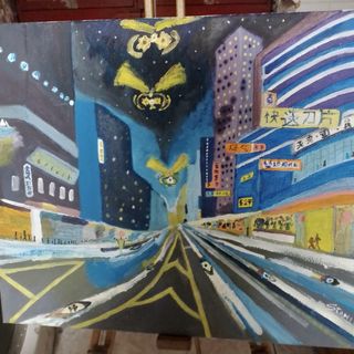 Dipinto olio su tela città notturna