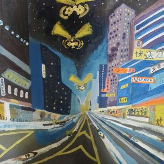 Dipinto olio su tela città notturna