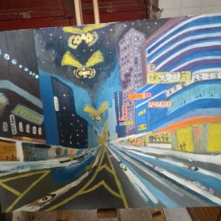 Dipinto olio su tela città notturna