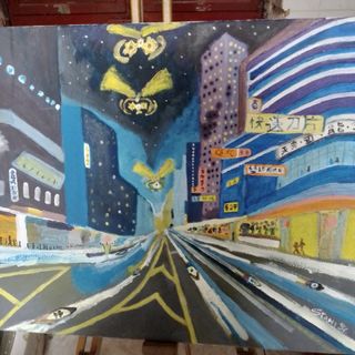 Dipinto olio su tela città notturna