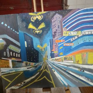 Dipinto olio su tela città notturna