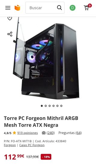Torre PC Forgeon Mithril ATX Negra ARGB Mesh