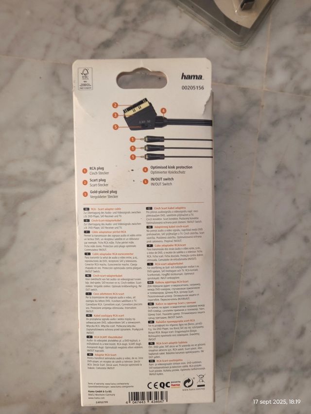 Cable Adaptador Hama RCA SCART 1.5m