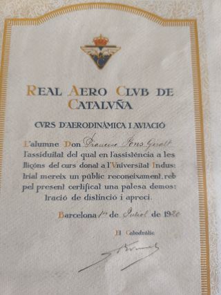 Certificado Aero Club Cataluña 1920