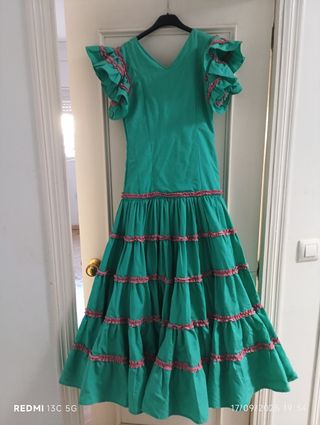 Traje Flamenca Niña Verde y Rosa Talla M