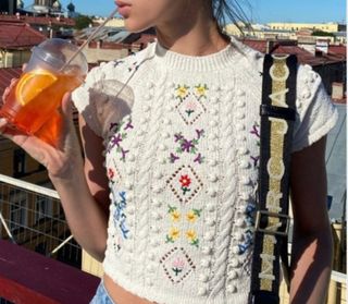 Top Zara bordado floral blanco